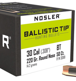 Nosler Ballistic Tip, .308 Diameter, 30 Caliber, 220gr, Spitzer Boat Tail, 50 Count -NOT AMMO-
