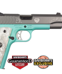 Ruger SR1911 Commander 9mm, 4.25" Barrel, Robins Egg Blue Frame, Engraved Stainless Steel Slide, Altamont Pearl White Grip, 9rd