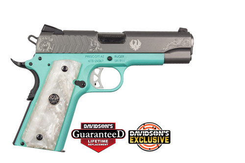 Ruger SR1911 Commander 9mm, 4.25" Barrel, Robins Egg Blue Frame, Engraved Stainless Steel Slide, Altamont Pearl White Grip, 9rd