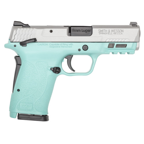 Smith & Wesson M&P9 Shield EZ M2.0 9mm, 3.68" Barrel, Robins Egg Blue Frame, Silver Slide, Manual Safety, 8rd
