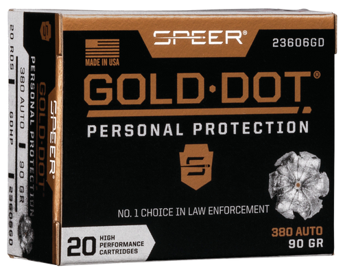 Speer Ammo Gold Dot Personal Protection 380 ACP 90gr, Hollow Point, 20rd Box